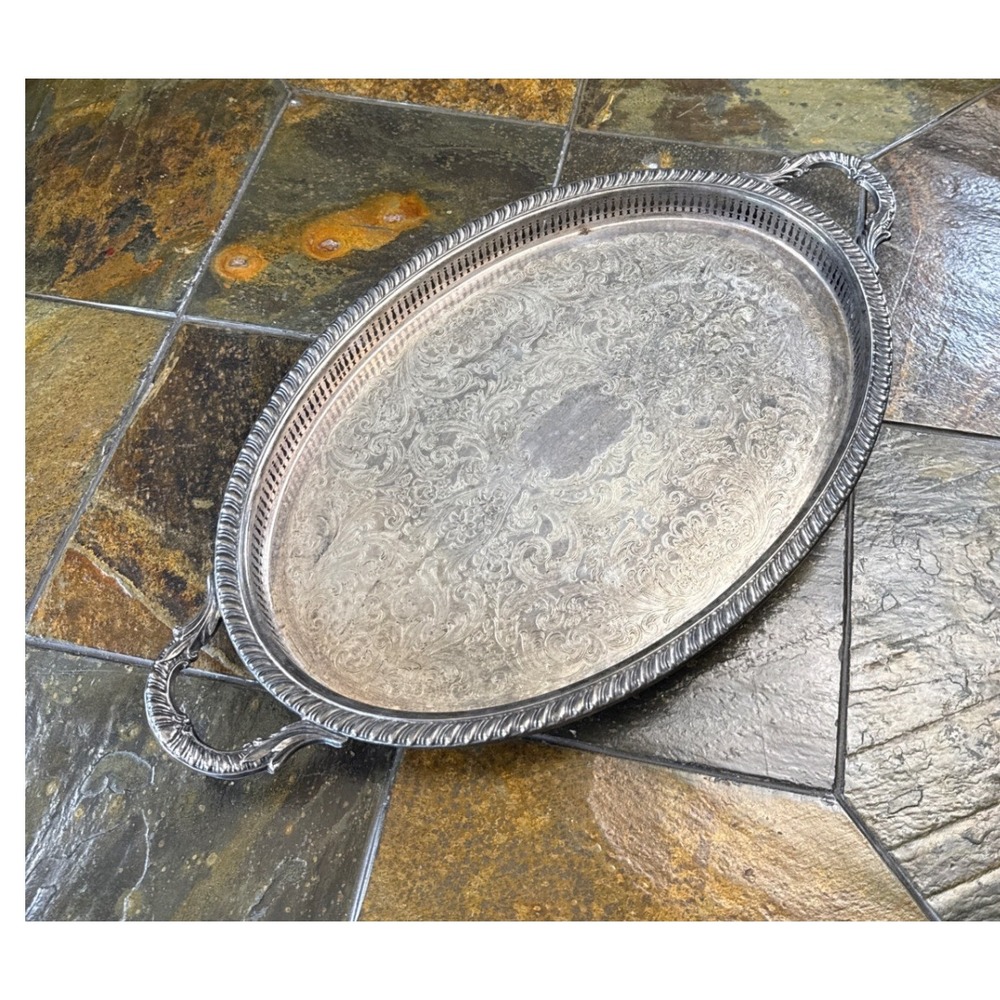 Vtg Pilgrim Serving Tray Large Silver Plate Etched Pierced Gallery Handles 18"